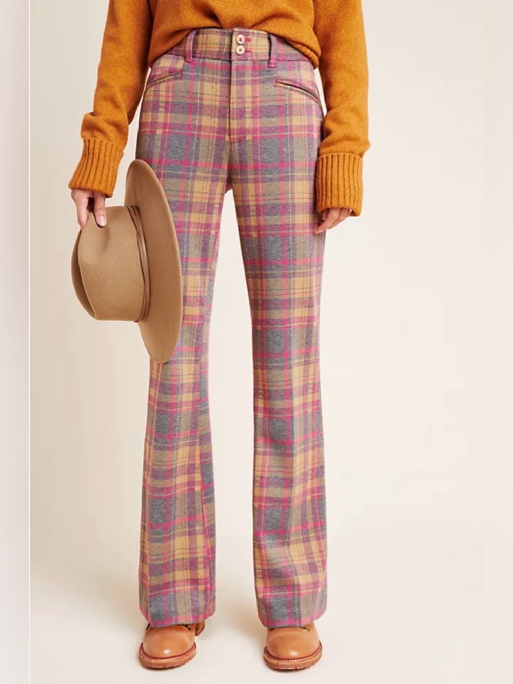 Anthropologie - Essential Plaid Trousers Plaid High-Rise Flare Pants
